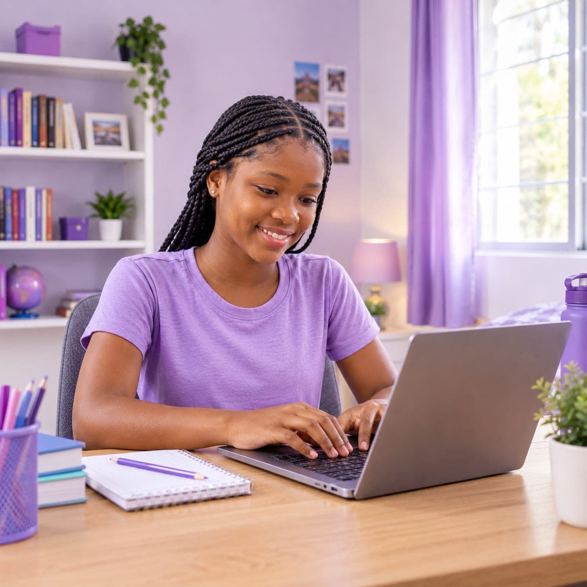 A girl typing confidently on a laptop
